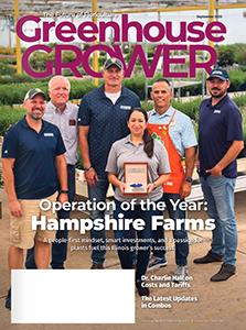 cover image of Greenhouse Grower magazine. A group of 6 people are on the cover in a greenhouse.